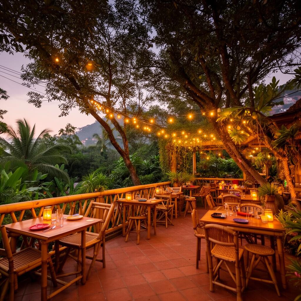 Terraza de Bambula al atardecer con luces colgantes