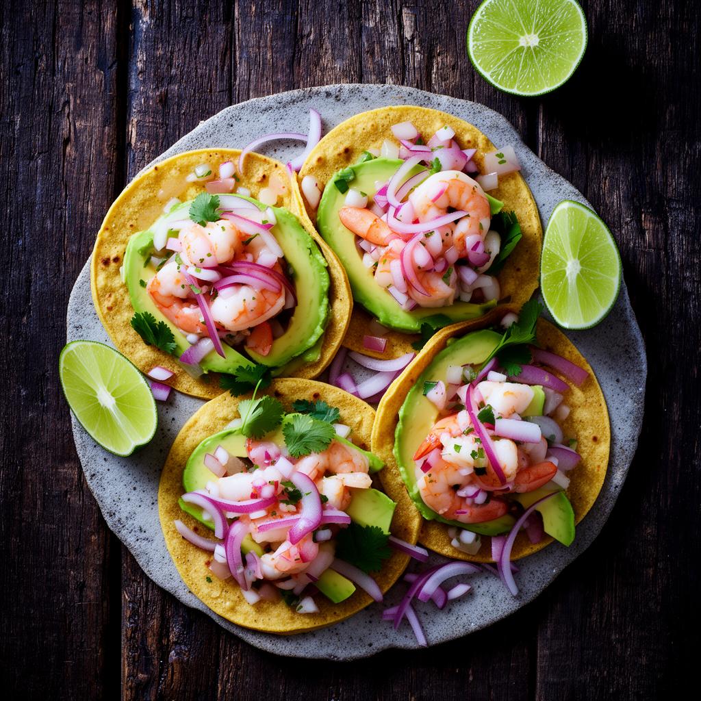 Tostadas de camarón con aguacate y cebolla morada